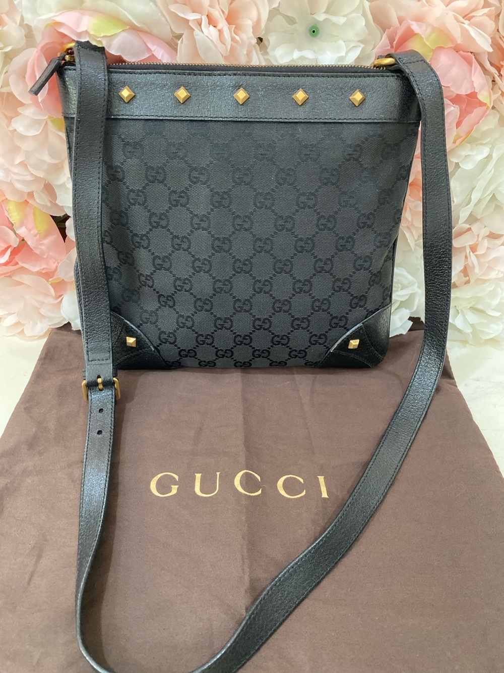 Gucci Black GG Canvas Nailhead Crossbody